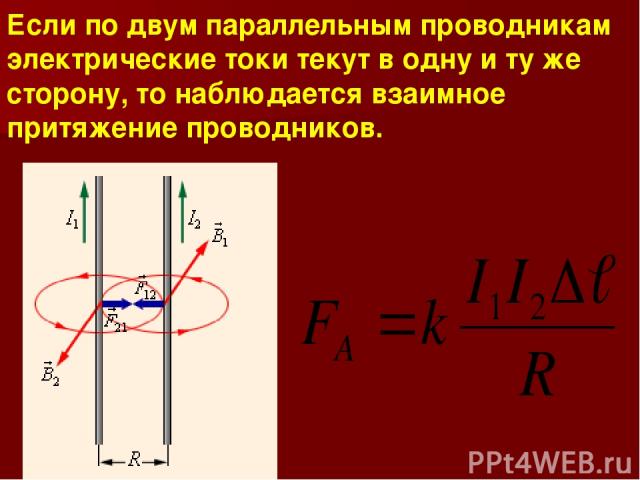 Если по двум параллельным проводникам электрические токи текут в одну и ту же сторону, то наблюдается взаимное притяжение проводников.
