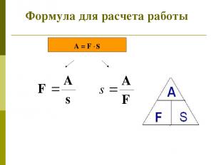 A = F ∙ s Формула для расчета работы