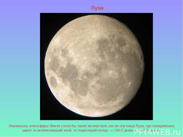 Луна Лишившись атмосферы Земля стала бы такой же мертвой, как ее спутница Луна, где попеременно царят то испепеляющий зной, то леденящий холод - + 130 С днем и - 150 С ночью.