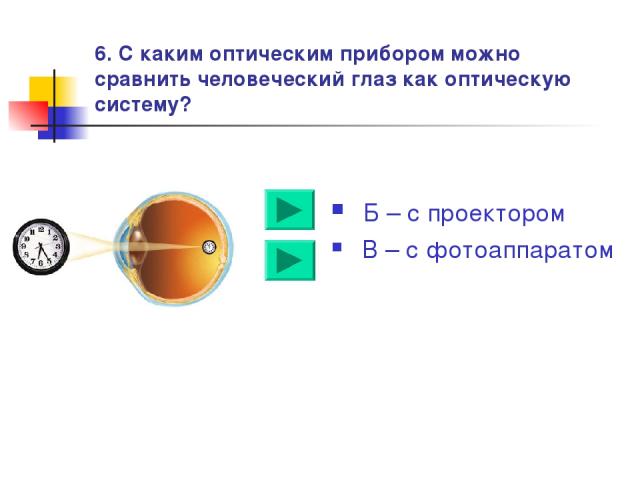 6. С каким оптическим прибором можно сравнить человеческий глаз как оптическую систему? Б – с проектором В – с фотоаппаратом