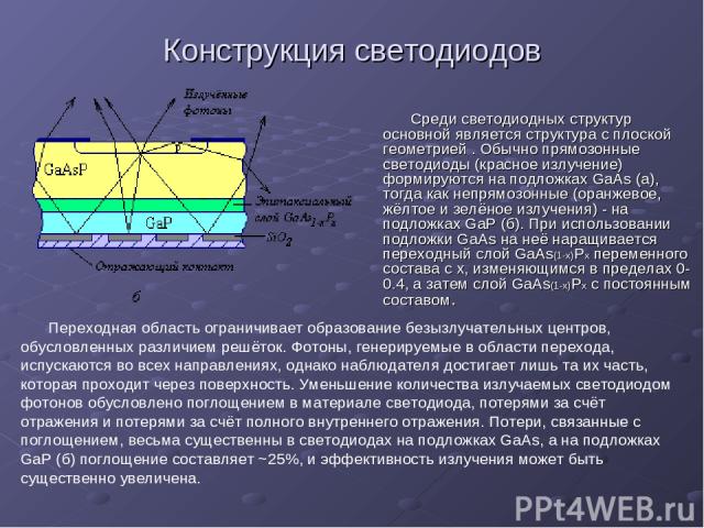 Среди светодиодных структур основной является структура с плоской геометрией . Обычно прямозонные светодиоды (красное излучение) формируются на подложках GaAs (а), тогда как непрямозонные (оранжевое, жёлтое и зелёное излучения) - на подложках GaP (б…