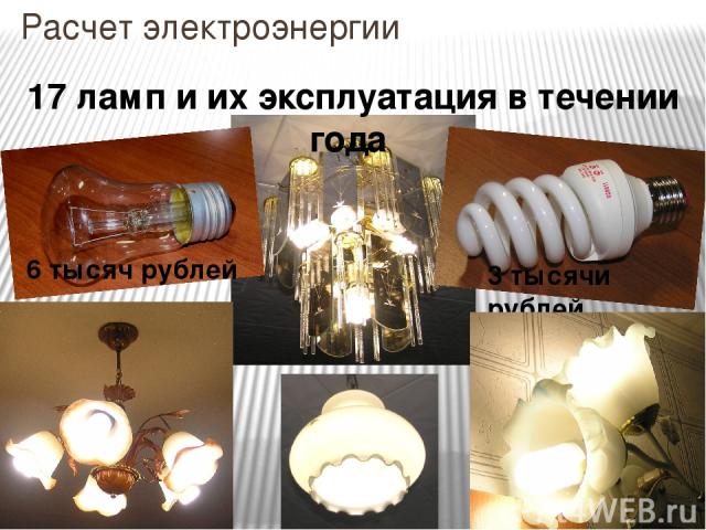 Расчет электроэнергии 3 тысячи рублей 6 тысяч рублей 17 ламп и их эксплуатация в течении года