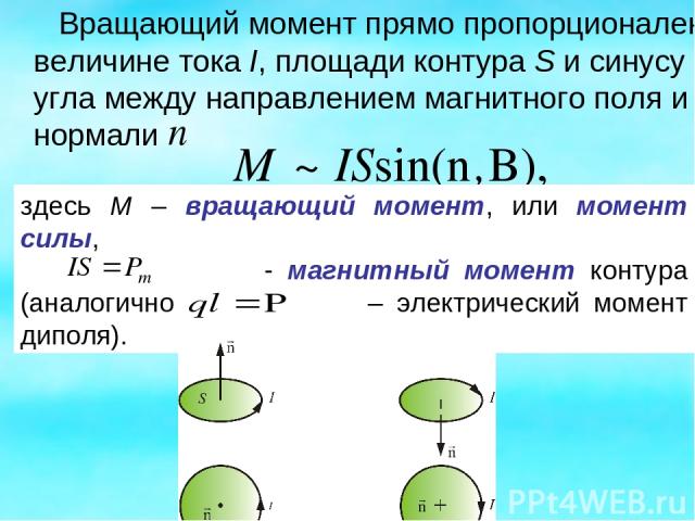 Вращающий момент прямо пропорционален величине тока I, площади контура S и синусу угла между направлением магнитного поля и нормали здесь М – вращающий момент, или момент силы, - магнитный момент контура (аналогично – электрический момент диполя).