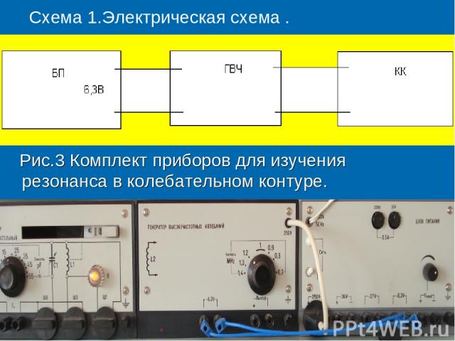 Схема 1.Электрическая схема . Рис.3 Комплект приборов для изучения резонанса в колебательном контуре.