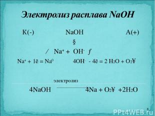 К(-) NaOH А(+) ↓ ← Na+ + OH- → Na+ + 1ē = Na0 4OH- - 4ē = 2 H2O + O2↑ электролиз