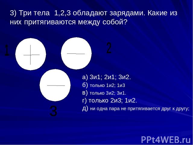3) Три тела 1,2,3 обладают зарядами. Какие из них притягиваются между собой? а) 3и1; 2и1; 3и2. б) только 1и2; 1и3 в) только 3и2; 3и1. г) только 2и3; 1и2. д) ни одна пара не притягивается друг к другу;