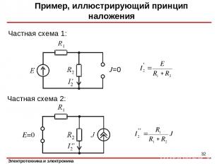 Пример, иллюстрирующий принцип наложения Частная схема 1: * J=0 E=0 Частная схем