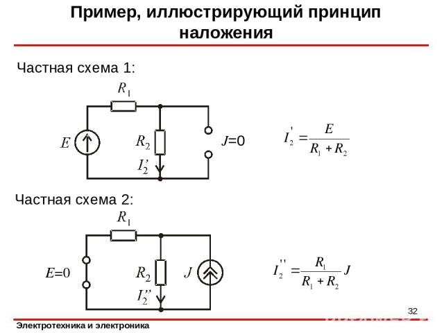 Пример, иллюстрирующий принцип наложения Частная схема 1: * J=0 E=0 Частная схема 2: