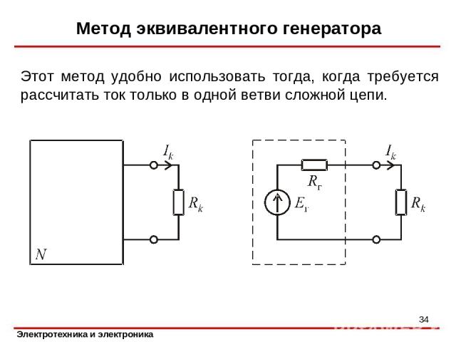 Метод эквивалентного генератора Этот метод удобно использовать тогда, когда требуется рассчитать ток только в одной ветви сложной цепи. *