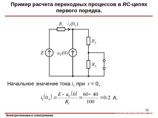Начальное значение тока i1 при t = 0+. Пример расчета переходных процессов в RC-цепях первого порядка. А. *