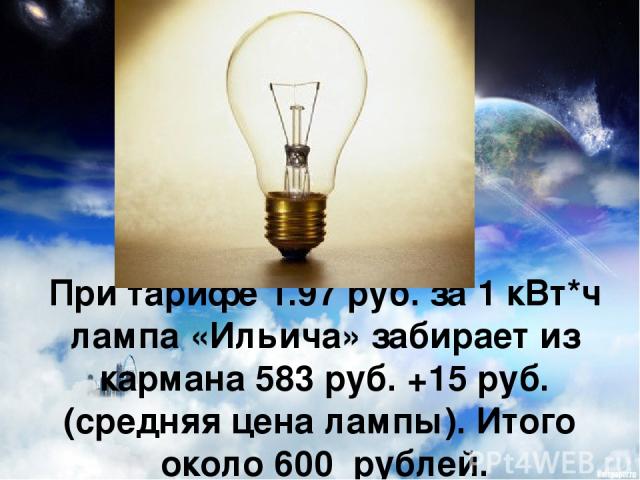 При тарифе 1.97 руб. за 1 кВт*ч лампа «Ильича» забирает из кармана 583 руб. +15 руб. (средняя цена лампы). Итого около 600 рублей.