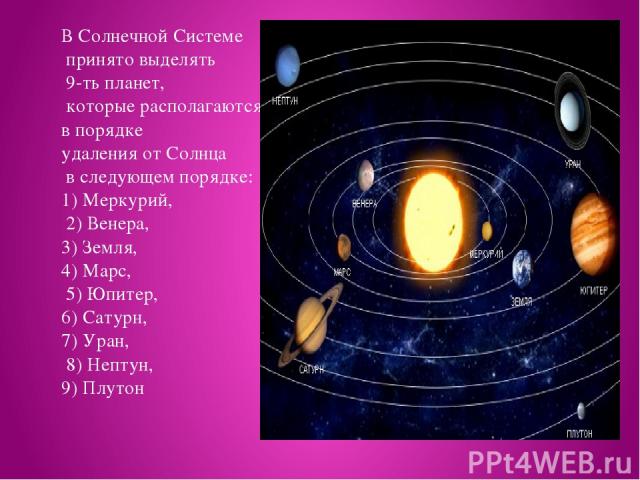 В Солнечной Системе принято выделять 9-ть планет, которые располагаются в порядке удаления от Солнца в следующем порядке: 1) Меркурий, 2) Венера, 3) Земля, 4) Марс, 5) Юпитер, 6) Сатурн, 7) Уран, 8) Нептун, 9) Плутон