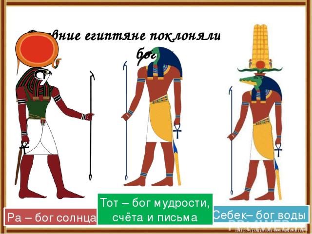 Древние египтяне поклонялись многим богам. Ра – бог солнца Себек– бог воды Тот – бог мудрости, счёта и письма