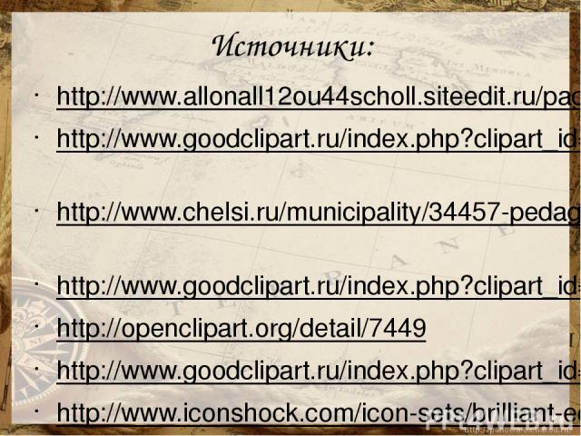 Источники: http://www.allonall12ou44scholl.siteedit.ru/page17 http://www.goodclipart.ru/index.php?clipart_id=93751 http://www.chelsi.ru/municipality/34457-pedagog-iz-snezhinska-stal-pobeditelem-vserossijskogo-konkursa.html http://www.goodclipart.ru/…