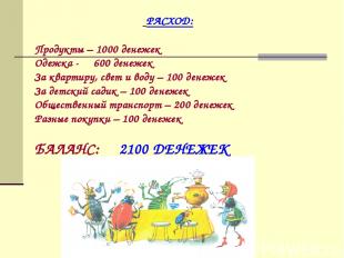 РАСХОД: Продукты – 1000 денежек Одежка - 600 денежек За квартиру, свет и воду –