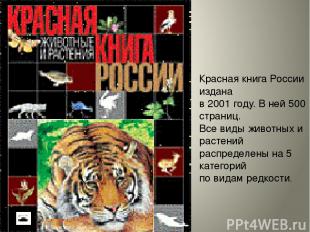 Красная книга России издана в 2001 году. В ней 500 страниц. Все виды животных и
