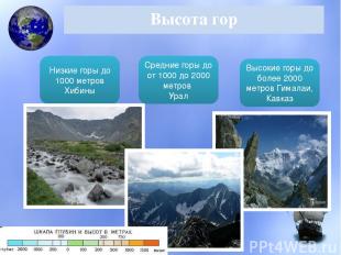 Высота гор Низкие горы до 1000 метров Хибины Средние горы до от 1000 до 2000 мет