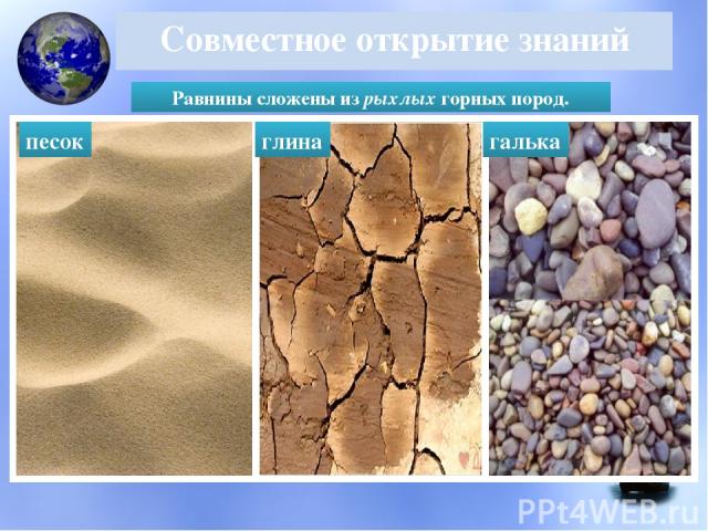 Совместное открытие знаний Равнины сложены из рыхлых горных пород. песок галька глина
