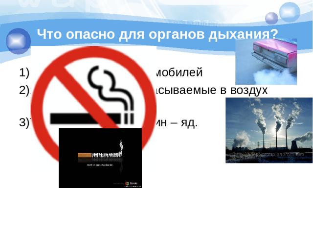 Что опасно для органов дыхания? 1)Выхлопные газы автомобилей 2)Ядовитые газы, выбрасываемые в воздух заводами 3)Табачный дым. Никотин – яд.