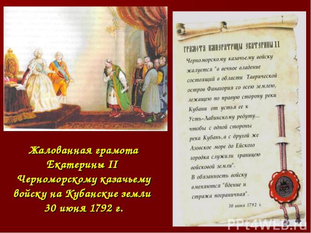 Жалованная грамота Екатерины II Черноморскому казачьему войску на Кубанские земли 30 июня 1792 г.