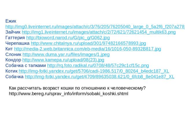 Ежик http://img0.liveinternet.ru/images/attach/c/3/76/205/76205040_large_0_5a2f6_f207a278_L.png Зайчик http://img1.liveinternet.ru/images/attach/c/2/72/621/72621454_multik63.png Гаттерия http://bioword.narod.ru/G/pic_g/G062.jpg Черепашка http://www.…