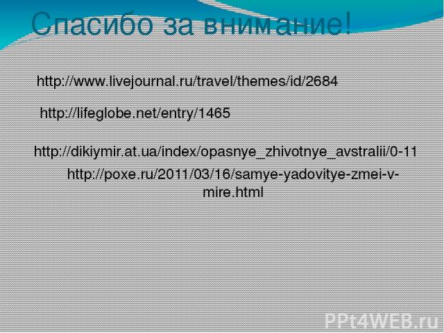 Спасибо за внимание! http://lifeglobe.net/entry/1465 http://www.livejournal.ru/travel/themes/id/2684 http://dikiymir.at.ua/index/opasnye_zhivotnye_avstralii/0-11 http://poxe.ru/2011/03/16/samye-yadovitye-zmei-v-mire.html