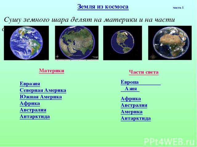 Земля из космоса часть 1 Сушу земного шара делят на материки и на части света Материки Евразия Северная Америка Южная Америка Африка Австралия Антарктида Части света Европа Азия Африка Австралия Америка Антарктида