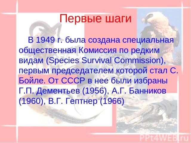 Первые шаги В 1949 г. была создана специальная общественная Комиссия по редким видам (Species Survival Commission), первым председателем которой стал С. Бойле. От СССР в нее были избраны Г.П. Дементьев (1956), А.Г. Банников (1960), В.Г. Гептнер (1966)