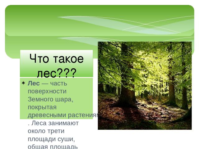 Лес — часть поверхности Земного шара, покрытая древесными растениями. Леса занимают около трети площади суши, общая площадь леса на Земле составляет 38 млн км²[1]. Половина этой лесной зоны принадлежит тропическим лесам, четвёртая часть расположена …