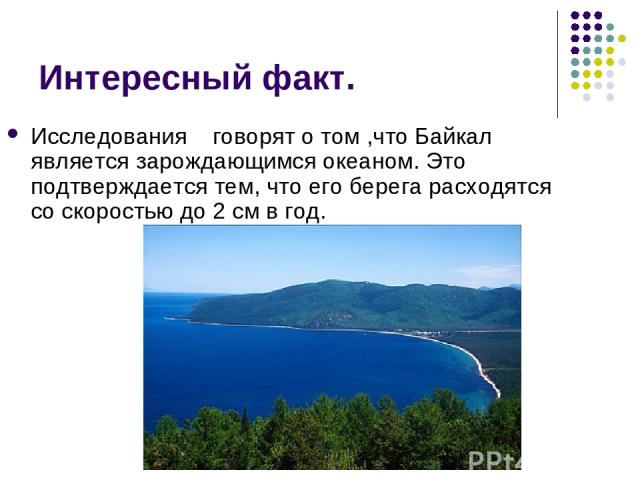 Интересный факт. Исследования говорят о том ,что Байкал является зарождающимся океаном. Это подтверждается тем, что его берега расходятся со скоростью до 2 см в год.