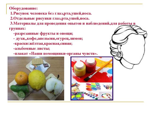 Оборудование:   1.Рисунок человека без глаз,рта,ушей,носа. 2.Отдельные рисунки глаз,рта,ушей,носа. 3.Материалы для проведения опытов и наблюдений,для работы в группах: -разрезанные фрукты и овощи; - духи,,кофе,апельсин,огурец,лимон; -краски:жёлтая,к…