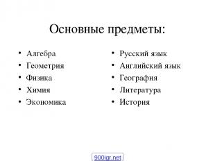 Основные предметы: Алгебра Геометрия Физика Химия Экономика Русский язык Английс