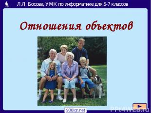 Отношения объектов 900igr.net Москва, 2007 Л.Л. Босова, УМК по информатике для 5