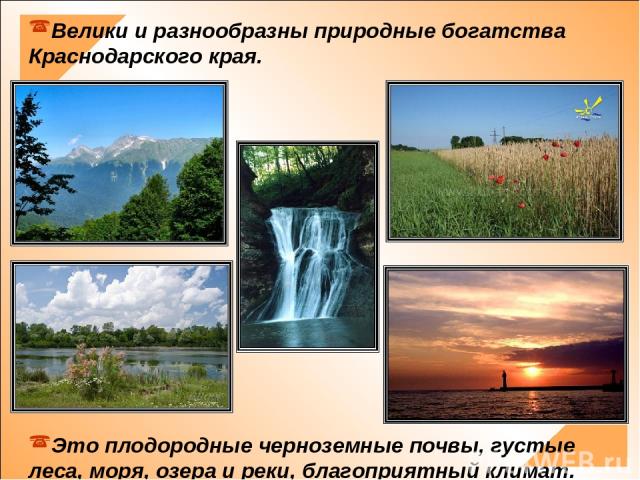 Велики и разнообразны природные богатства Краснодарского края. Это плодородные черноземные почвы, густые леса, моря, озера и реки, благоприятный климат.