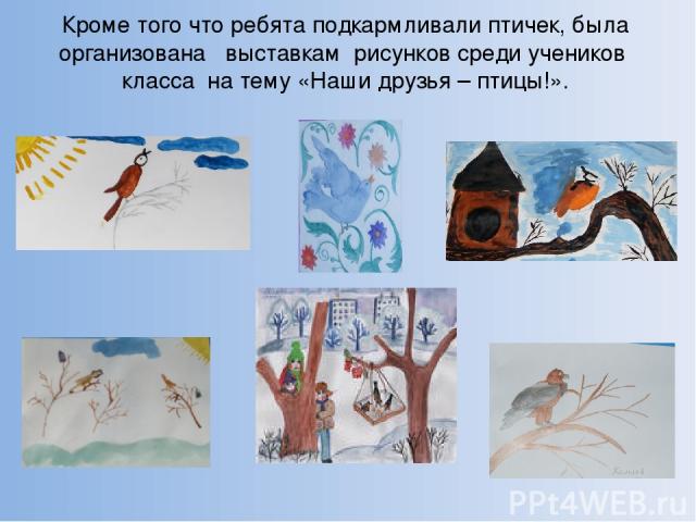 Кроме того что ребята подкармливали птичек, была организована выставкам рисунков среди учеников класса на тему «Наши друзья – птицы!».