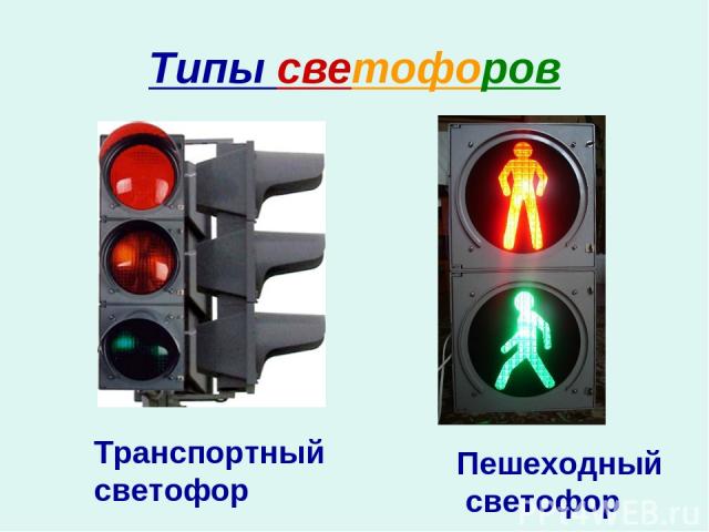 Типы светофоров Транспортный светофор Пешеходный светофор