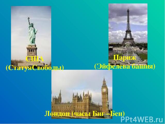 Лондон (часы Биг –Бен) Париж (Эйфелева башня) США (СтатуяСвободы)