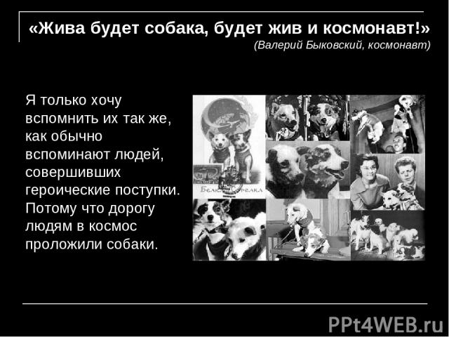«Жива будет собака, будет жив и космонавт!» (Валерий Быковский, космонавт) Я только хочу вспомнить их так же, как обычно вспоминают людей, совершивших героические поступки. Потому что дорогу людям в космос проложили собаки.