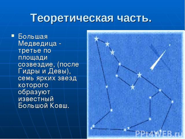 Теоретическая часть. Большая Медведица - третье по площади созвездие, (после Гидры и Девы), семь ярких звезд которого образуют известный Большой Ковш.