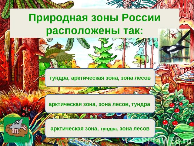Вариант 1 (уровень 1) арктическая зона, тундра, зона лесов тундра, арктическая зона, зона лесов арктическая зона, зона лесов, тундра Природная зоны России расположены так: