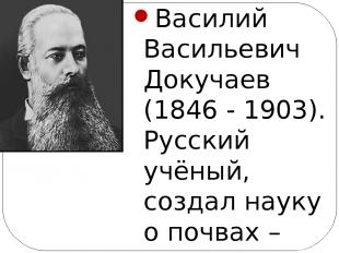Василий Васильевич Докучаев (1846 - 1903). Русский учёный, создал науку о почвах