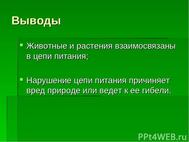 Выводы Животные и растения взаимосвязаны в цепи питания; Нарушение цепи питания причиняет вред природе или ведет к ее гибели.