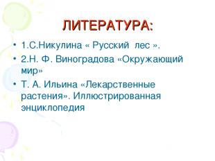 ЛИТЕРАТУРА: 1.С.Никулина « Русский лес ». 2.Н. Ф. Виноградова «Окружающий мир» Т