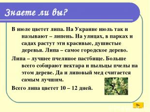 Знаете ли вы? В июле цветет липа. На Украине июль так и называют – липень. На ул