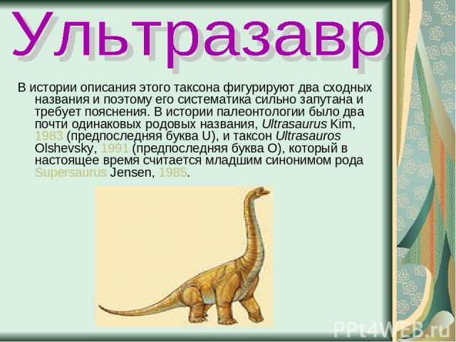 В истории описания этого таксона фигурируют два сходных названия и поэтому его систематика сильно запутана и требует пояснения. В истории палеонтологии было два почти одинаковых родовых названия, Ultrasaurus Kim, 1983 (предпоследняя буква U), и такс…