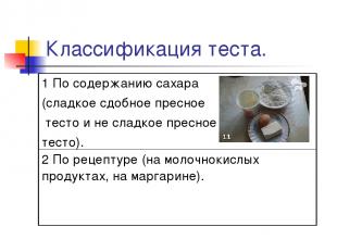 Классификация теста. 1 По содержанию сахара (сладкое сдобное пресное тесто и не