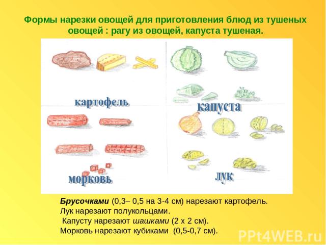 Брусочками (0,3– 0,5 на 3-4 см) нарезают картофель. Лук нарезают полукольцами. Капусту нарезают шашками (2 х 2 см). Морковь нарезают кубиками (0,5-0,7 см). Формы нарезки овощей для приготовления блюд из тушеных овощей : рагу из овощей, капуста тушеная.
