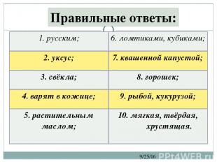 Правильные ответы: 1. русским; 6. ломтиками, кубиками; 2. уксус; 7. квашенной ка