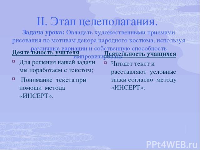 «метод ИНСЕРТ» к уроку «Русский народный костюм» «ИНСЕРТ»- прием маркировки текста -интерактивная система заметок для эффективного чтения и размышления. Знак «галочка» (v)-отметьте в тексте уже известную вам информацию; Знак «плюс» (+)-отметьте нову…