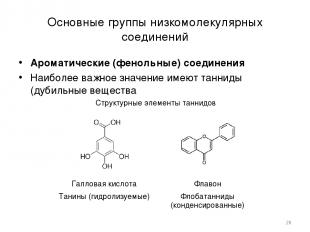 Основные группы низкомолекулярных соединений Ароматические (фенольные) соединени
